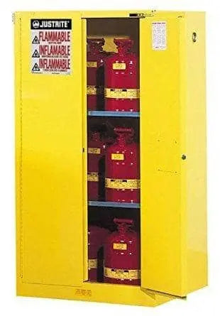 JUSTRITE - Sure-Grip EX Safety Cabinets - All Purpose Yellow - 2 Shelves - 60 gal / 227L - Self-Closing - Dimensions: 36"H x 34"W x 34"D - Becker Safety and Supply