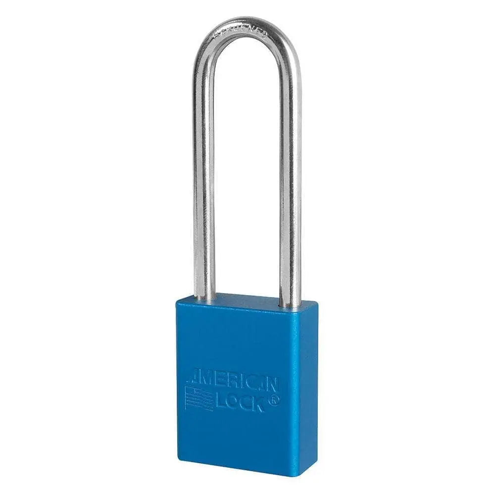 MASTER LOCK/AMERICAN LOCK - Blue Anodized Aluminum Safety Padlock, 1 1/2"w x 3" Tall Shackle - Keyed Alike - (1 Key per set) - Becker Safety and Supply