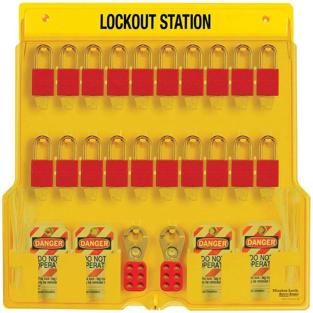 MASTER LOCK - 20-Lock Padlock Station;  20 -Padlocks (keyed differently), 4-Hasps, & 4-(12pks) Do Not Operate Tags - 22"x22"x1-3/4" - Becker Safety and Supply