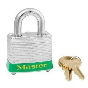 MASTER LOCK - Green Laminated Steel Safety Padlock, 1-9/16" wide with 3/4" Tall Shackle, Keyed Alike - Becker Safety and Supply