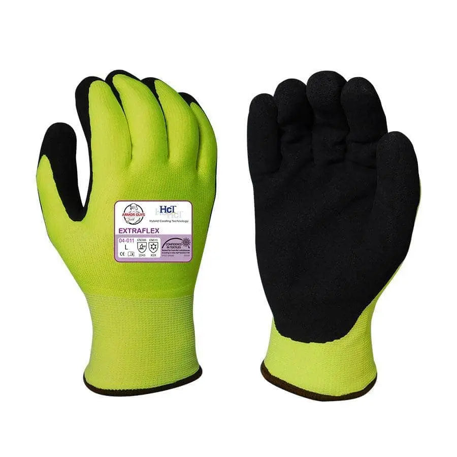 ARMOR GUYS - EXTRAFLEX - 13g Hi-Vis Yellow w/ 7g Poly-Acrylic Fleece Liner - Black HCT MicroFoam Latex Palm - Becker Safety and Supply