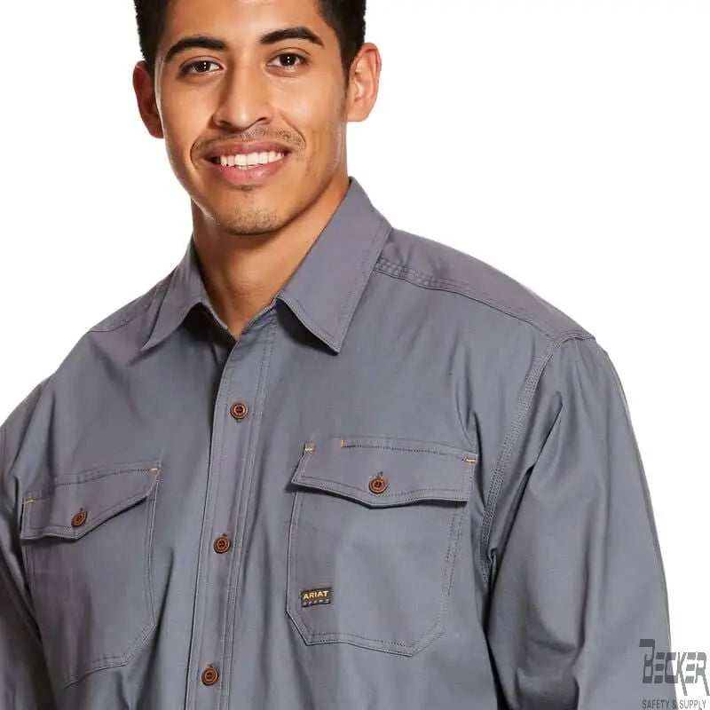 ARIAT - Mens Rebar Made Tough DuraStretch Work Shirt, Steel - Becker Safety and Supply