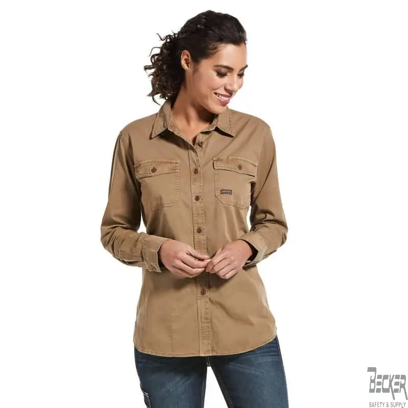 ARIAT - Women's - Rebar Washed Twill Work Shirt, Khaki - Becker Safety and Supply