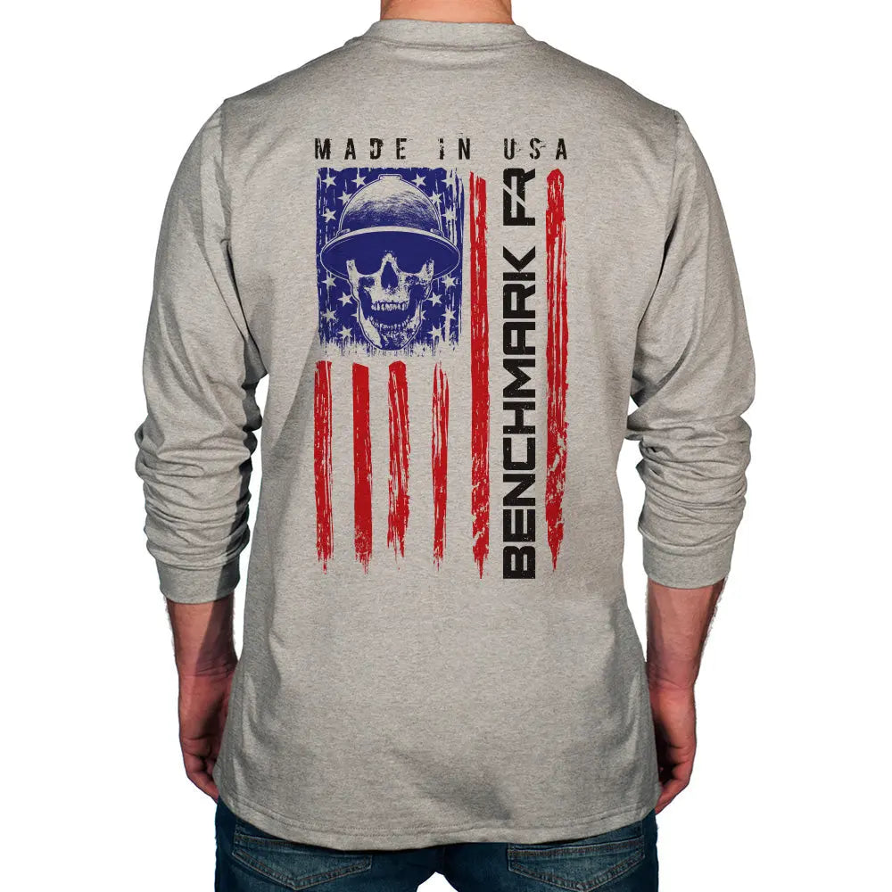 BENCHMARK FR-"SKULL FLAG" FLAME RESISTANT LONG SLEEVE SHIRT, LIGHT GRAY  Becker Safety and Supply