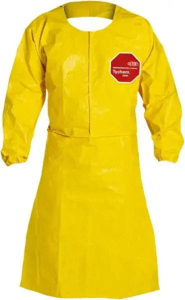 R3 SAFFETY - - DUPONT‚Ñ¢ TYCHEM¬Æ 2000 Sleeved Chemical Apron - 44" Long - Elastic Wrists - Neck Loop w/ snaps - Waist Ties - Bound Seams - Yellow - 25/Case - Becker Safety and Supply