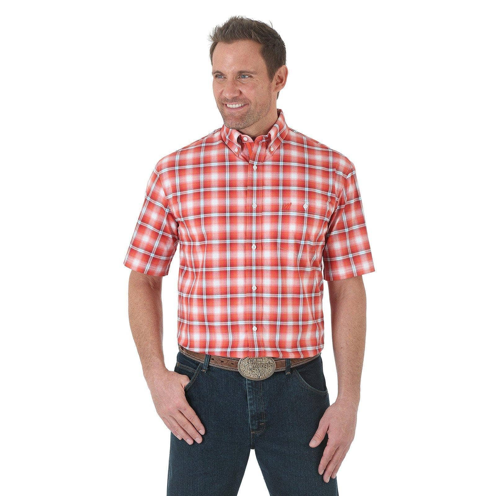 WRANGLER - Advanced Comfort Sport Shirt, Short Sleeve, Blue/Coral Plaid, XLT - Becker Safety and Supply