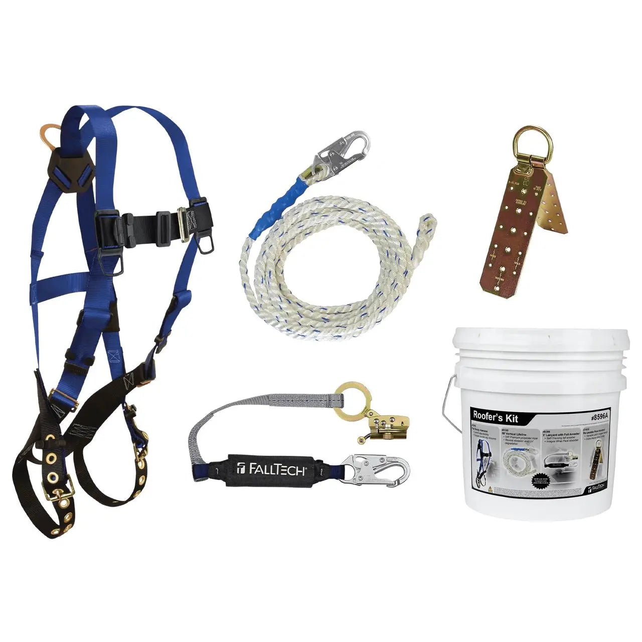 FALLTECH - Roofer's Bucket Kit with Hinged Reusable Anchor and Trailing Anti-panic Rope Adjuster - Becker Safety and Supply