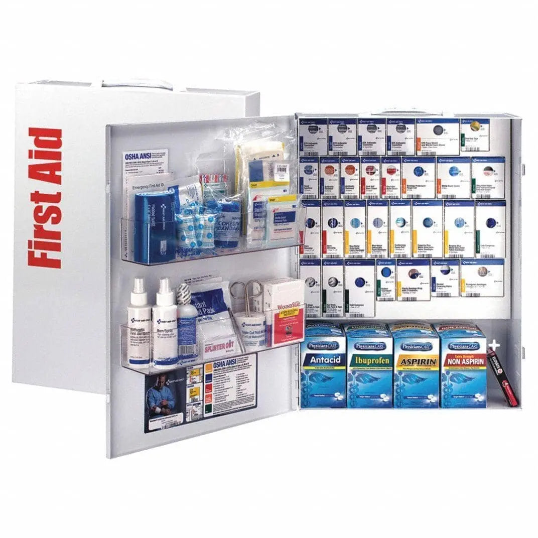 FAO - XL Metal Smart Compliance 150 person First Aid Cabinet with medications. 17"x22.5"x5.75" Meets ANSI Class B Requirments. - Becker Safety and Supply