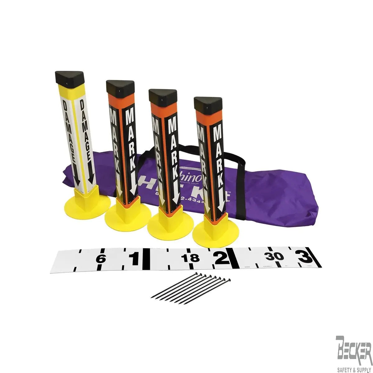 RHINO MARKERS - HIT Kit+2: Purple zip up bag; 20" Ylw TVF w/ blk cap & w/ GD-5426 decal; (3) 20" Org TVF w/ GD-5441 decal; 4"x36" Ruler - Becker Safety and Supply