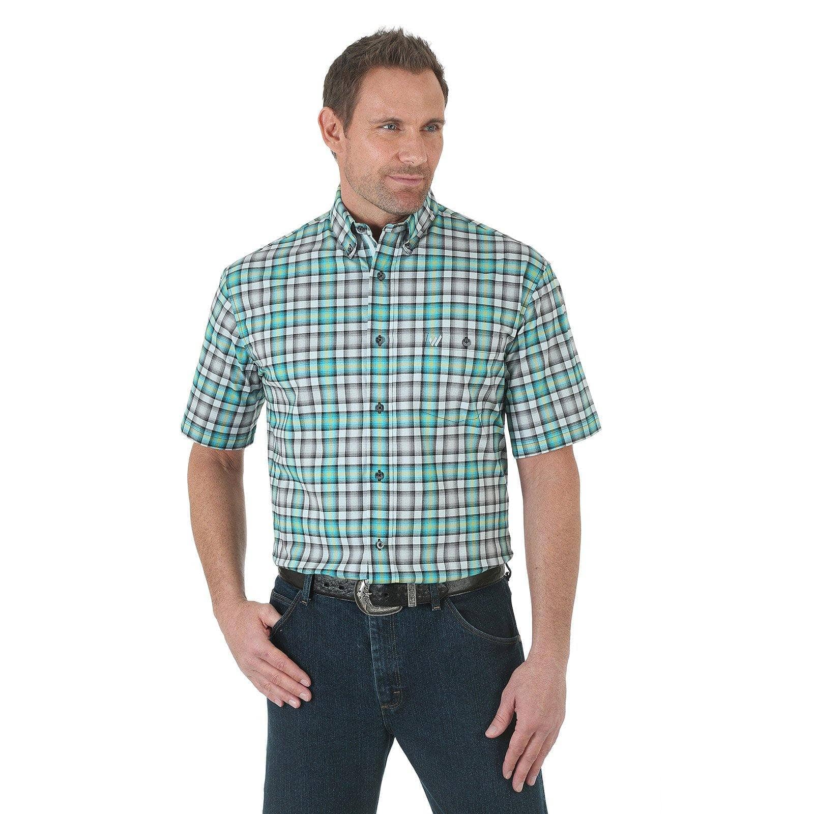 WRANGLER - Advanced Comfort Sport Shirt, Short Sleeve, Gray/Green Plaid, XLT - Becker Safety and Supply