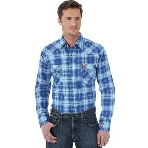 WRANGLER - FR LIGHTWEIGHT, Blue Plaid, Work Shirt - 2112/HRC-2 - 6.5oz - Becker Safety and Supply