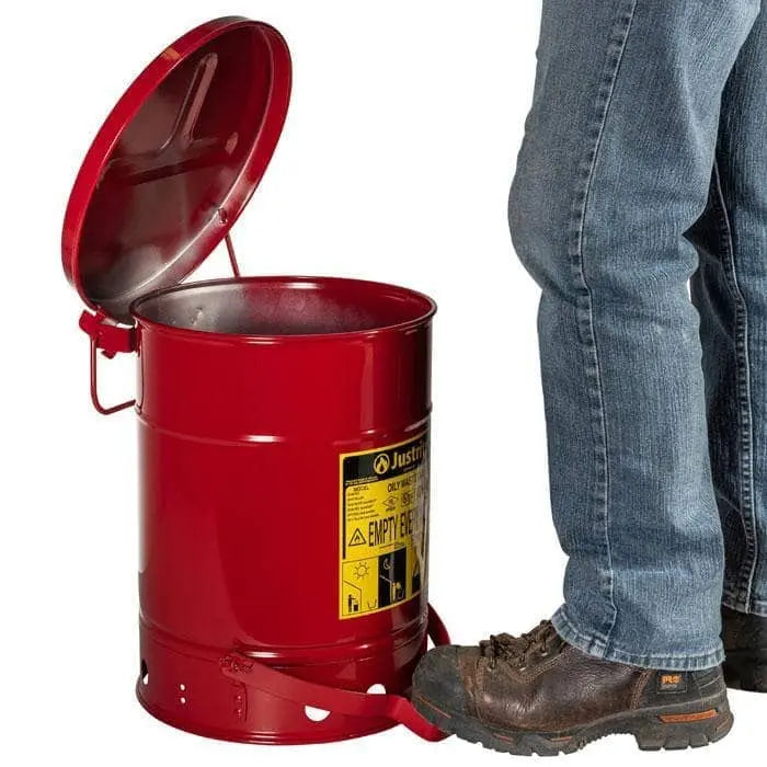 JUSTRITE - Red Oily Waste Cans, Foot Operated Cover, 6 Gal - Becker Safety and Supply