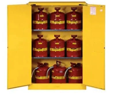 JUSTRITE - Sure-Grip EX - 45 Gallon Flammable Cabinet - 2-Door - Self Closing - Yellow - 65" x 43" x 18" - Becker Safety and Supply