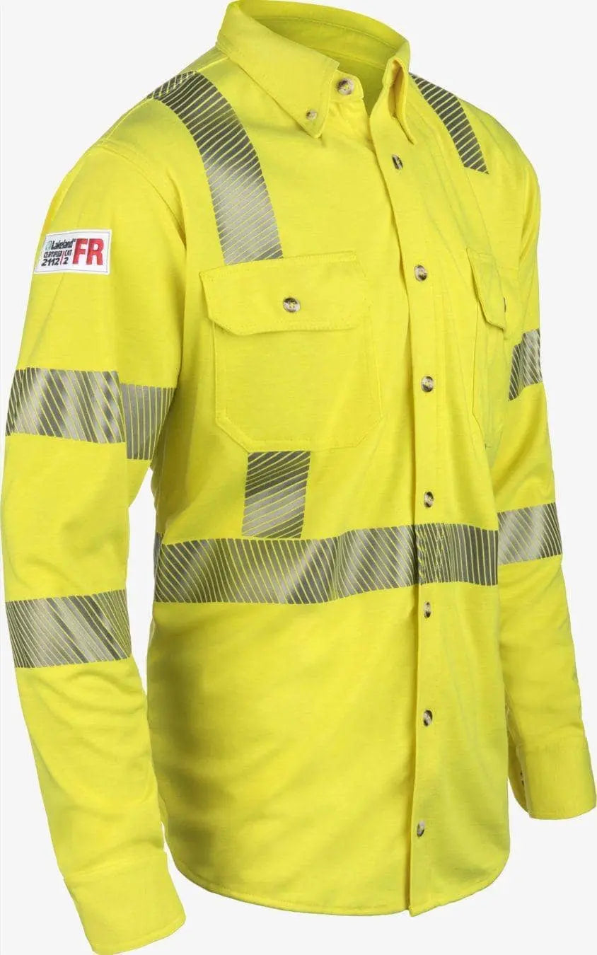 LAKELAND FR - High Performance FR KNit H-Vis Button Up Shirt, Hi-Vis Yellow with 2" Segmented Trim - Becker Safety and Supply