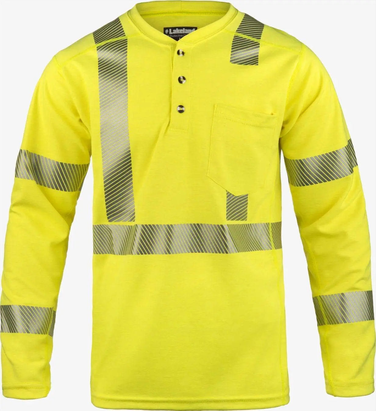 LAKELAND - Henley knit shirt. Dual certified, NFPA 70E, 2112 certified. ANSI 107 class 3 certified. Hi-Vis Yellow with 2‚Äù Segmented Trim - Becker Safety and Supply