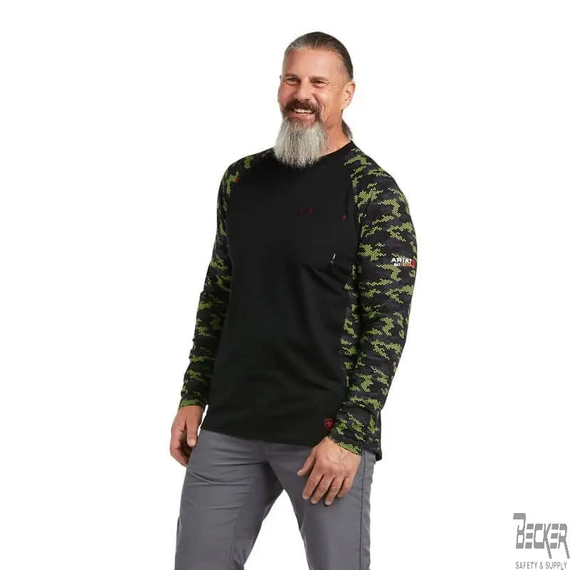 ARIAT - FR AC Stretch Camo Baseball T-Shirt. BLACK/LIME CAMO - Becker Safety and Supply