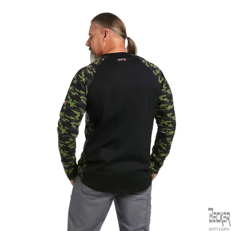 ARIAT - FR AC Stretch Camo Baseball T-Shirt. BLACK/LIME CAMO - Becker Safety and Supply