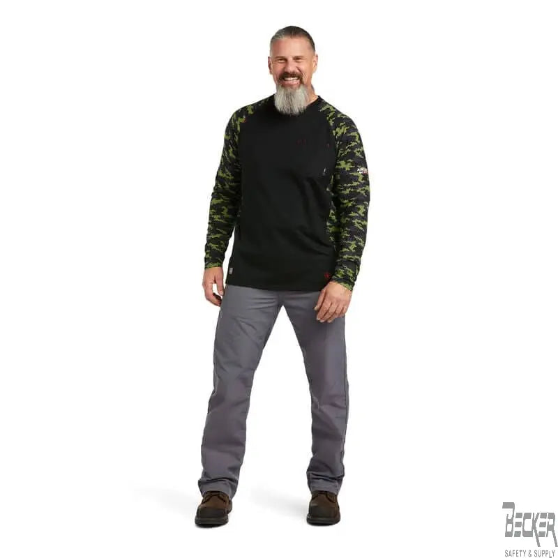 ARIAT - FR AC Stretch Camo Baseball T-Shirt. BLACK/LIME CAMO - Becker Safety and Supply