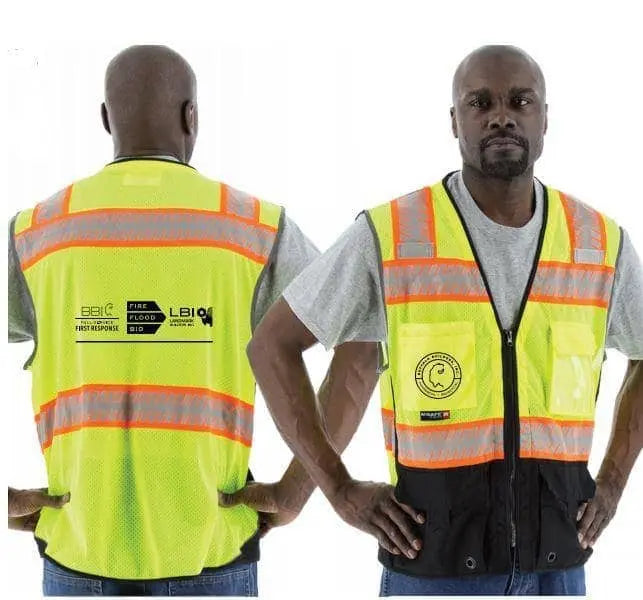 MAJESTIC - High Visibility ANSI / ISEA Class 2 Mesh Vest w/ Black Bottom - DOT Reflective Chainsaw Striping - Heavy Duty Zipper Closure - ID Badge Holder - 2 Radio Mic Tabs - 6 Pockets, Buffalo Builder/ Landmark Logo - Becker Safety and Supply