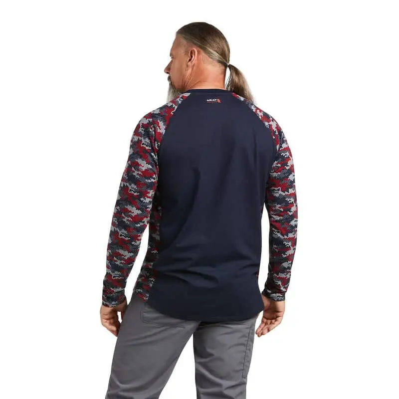 ARIAT - FR AC Stretch Camo Baseball T-Shirt. NAVY/WHITE/RED CAMO - Becker Safety and Supply