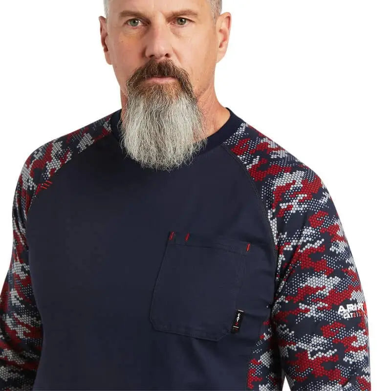 ARIAT - FR AC Stretch Camo Baseball T-Shirt. NAVY/WHITE/RED CAMO - Becker Safety and Supply