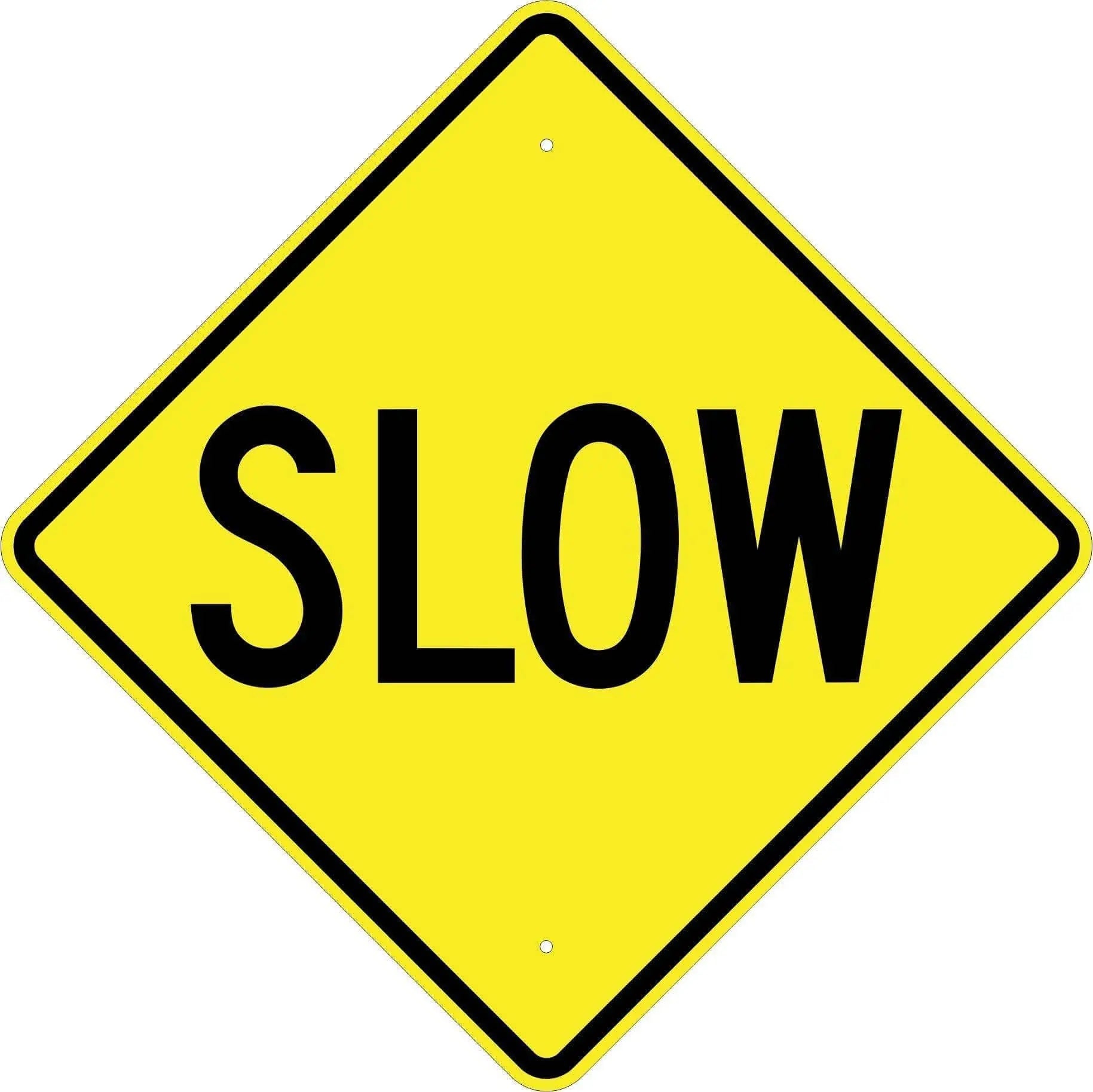 "SLOW" .80 Aluminium, with HIP reflective sheeting. Pre Drilled mounting holes and radius corners where applicable. Black on High Vis Yellow 36" - Becker Safety and Supply