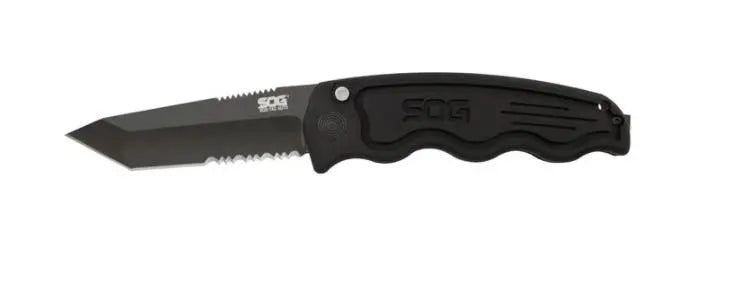 SOG - TAC Auto Tanto Serrated Knife, Black - Becker Safety and Supply