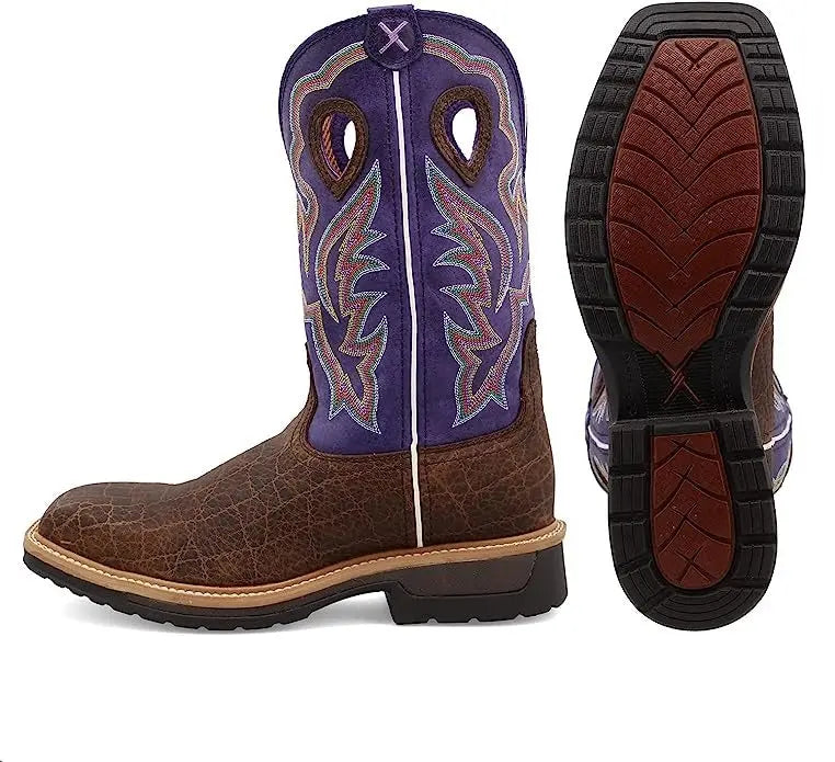 TWISTED X - Men's 12" Alloy Toe Lite Western Work Boot, Brown & Purple - Becker Safety and Supply