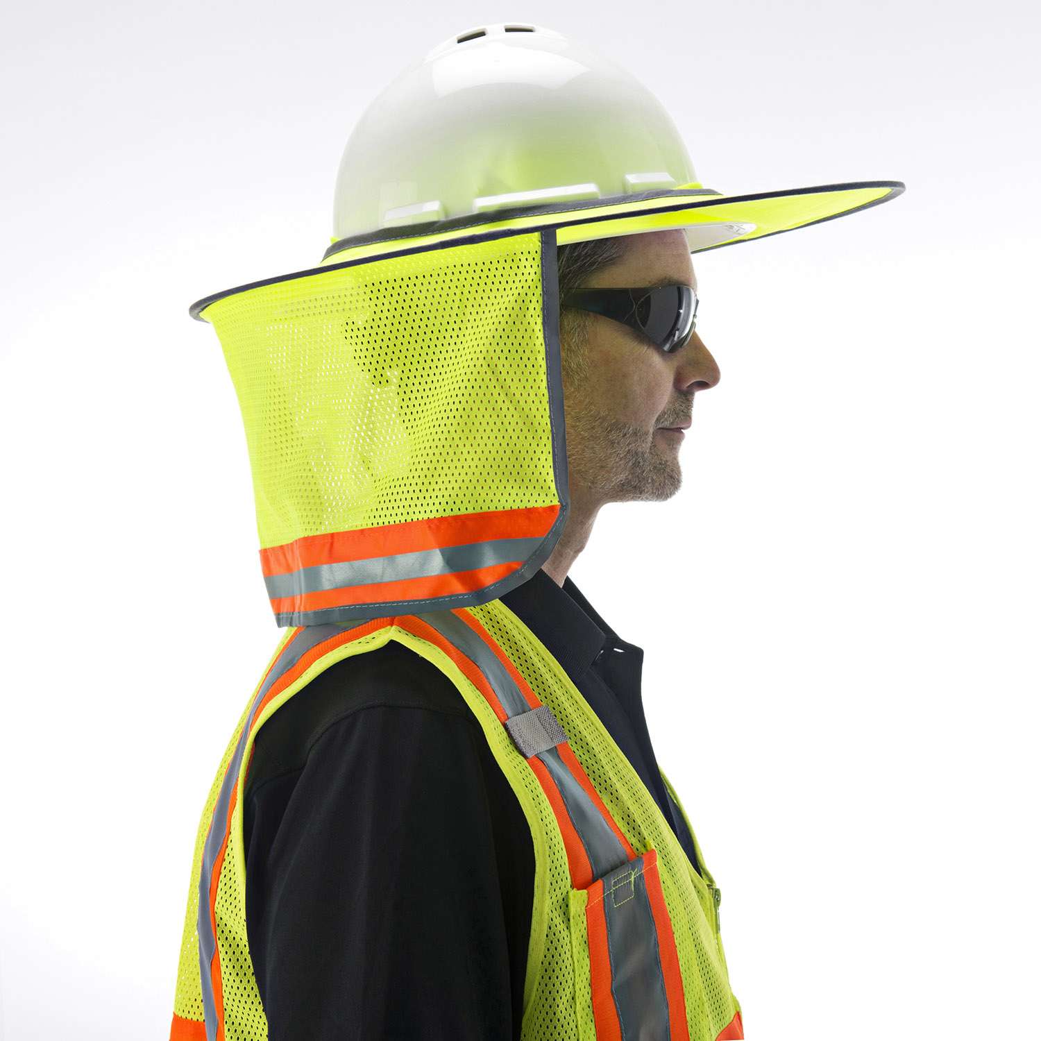 CORDOVA - Full brim Neck Shade, Polyester Mesh with reflective striping, Hi-Vis Lime - Becker Safety and Supply