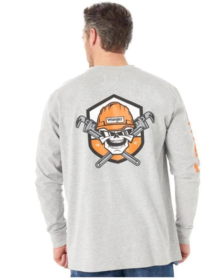 WRANGLER - FR Men's Wrench Skull Graphic Long Sleeve Work T-Shirt, Heather Grey - Becker Safety and Supply