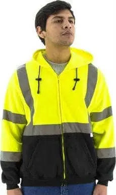 MAJESTIC - HI-VIS  Zippered Front Hooded w/Pockets ANSI Class 3 w/Black Waist Area/ Yellow - Becker Safety and Supply