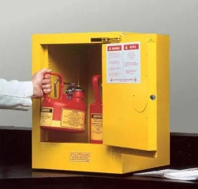 JUSTRITE - Sure-Grip EX Countertop Flammable Safety Cabinet, Cap. 4 gallons, 1 shelf, 1 s/c door, Yellow - Becker Safety and Supply