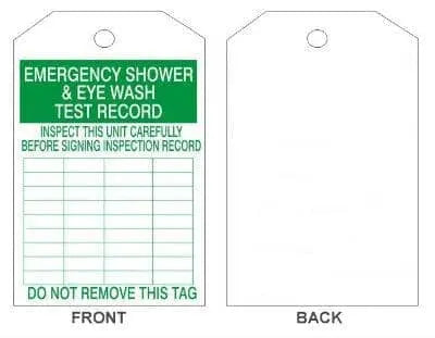 SAFEHOUSE SIGNS - Emergency Showere & Eye Wash Test Record - 25/pk - tagboard w/ drilled hole & nylon ties - Becker Safety and Supply